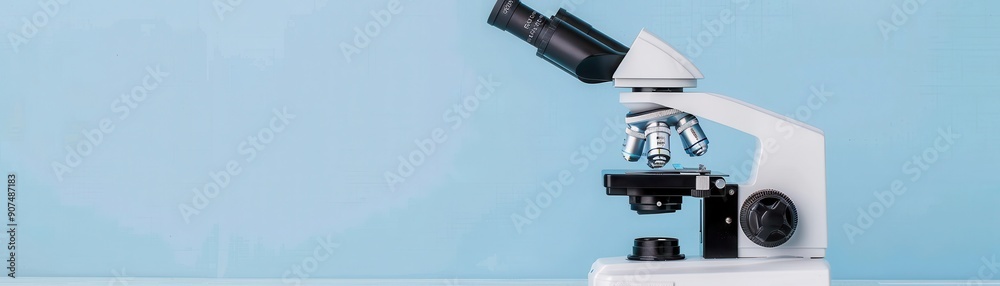 A modern microscope positioned against a soft blue background, ideal for scientific and educational purposes. A modern microscope positioned against a soft blue background, ideal for scientific and educational purposes.