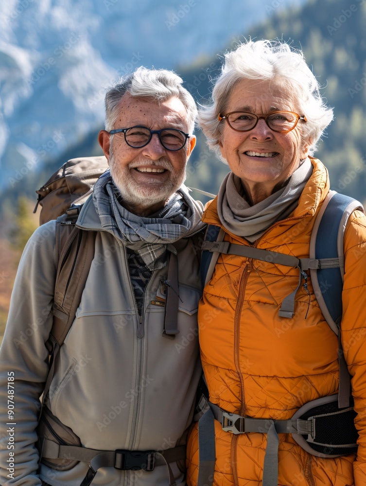 Elderly married pair hiking together.