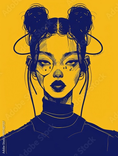 minimalist, asian cyber punk girl in style of nicolas millot, dark blue line art, yellow backround