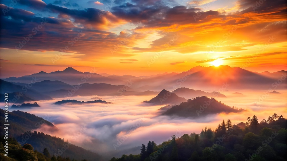 Obraz premium Serene Sunset Over a Misty Mountain Range Generative AI