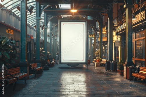 Vintage Train Station With Blank Billboard.