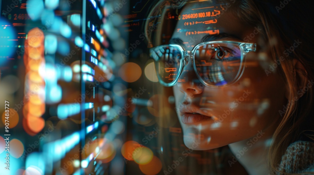 A holographic coding scene with a woman using a tablet to analyze data and research cybersecurity on a 3D screen. A holographic coding scene with a woman using a tablet to analyze data and research cybersecurity on a 3D screen.