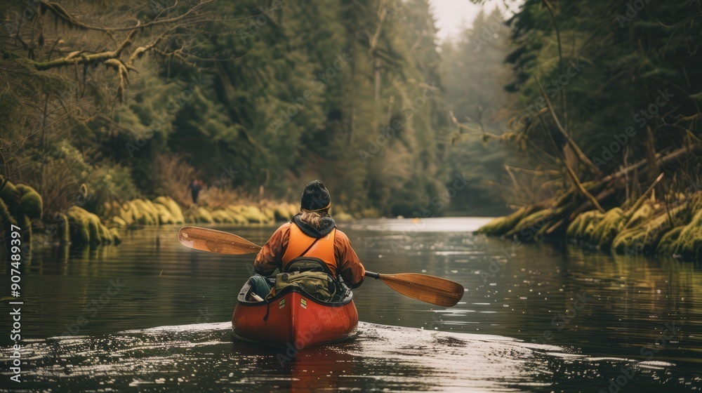 A man is seen paddling a canoe down a river. This versatile image can be used to depict outdoor activities, adventure, travel, leisure, and nature exploration. A man is seen paddling a canoe down a river. This versatile image can be used to depict outdoor activities, adventure, travel, leisure, and nature exploration.
