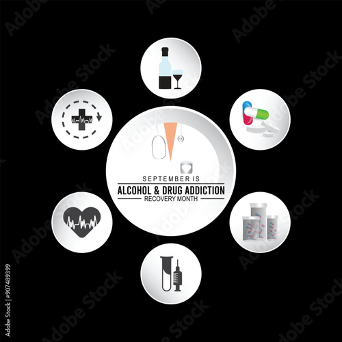 National Alcohol and Drug Addiction Recovery Month is observed every year on September.Holiday concept background, placard, banner design template Vector illustration background design.