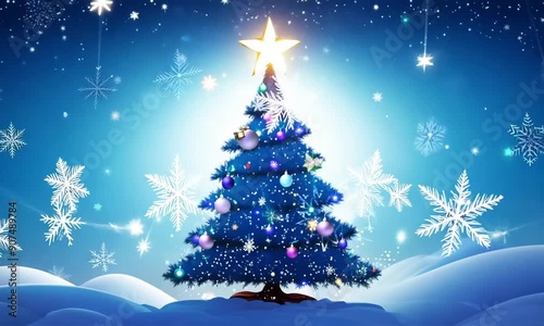 Wallpaper Mural A blue toned animated Christmas tree, glowing with twinkling fairy lights, shimmering snowflakes gently falling around it Torontodigital.ca