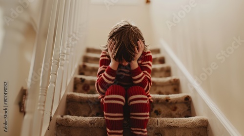 The sad child on stairs photo