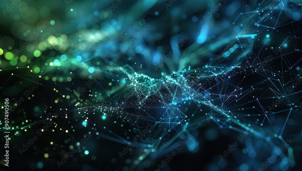 Abstract Digital Network Connection with Blue and Green Glowing Lights Abstract Digital Network Connection with Blue and Green Glowing Lights