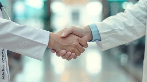 Doctor and patient shaking hands in a modern clinic.