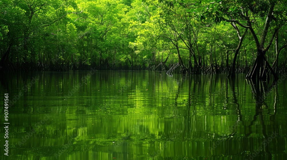 Fototapeta premium A placid mangrove forest at high tide, its green canopy reflecting in the still waters. 