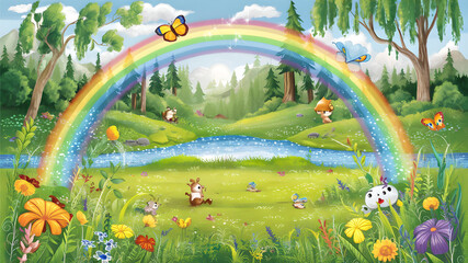 Ingelijste posters Regenboog Zomerse boslichting met regenboog  © MOMENUL071