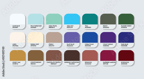 Blue and Brown Color Palette, Blue and Brown Color Guide Palette with Color Names. Catalog Samples of Blue and Brown with RGB HEX codes and Names. Metal Color Palette Vector, Fashion Trend Colors