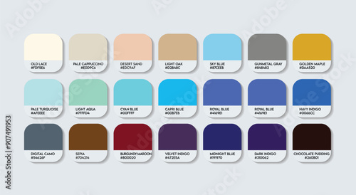 Blue and Brown Color Palette, Blue and Brown Color Guide Palette with Color Names. Catalog Samples of Blue and Brown with RGB HEX codes and Names. Metal Color Palette Vector, Fashion Trend Colors