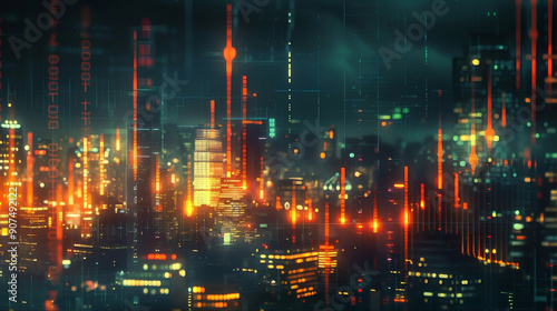 abstract blurry city skyline financial technology backdrop with abstract glowing forex candle iteration with digital leveraging economy background