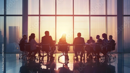 Dynamic business team in a modern office setting during a collaborative meeting with a sunset cityscape view through large windows, representing corporate strategy, professionalism, and leadership