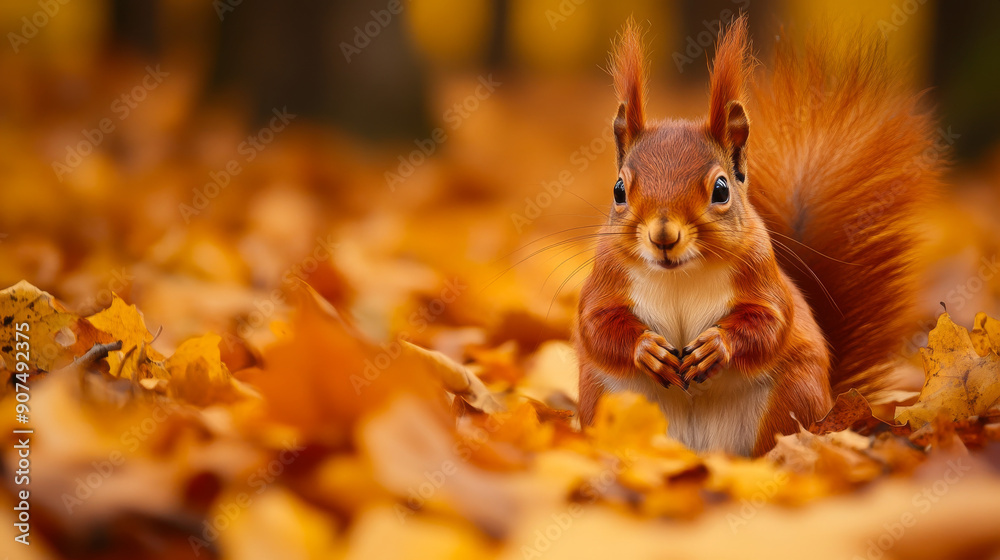 A Eurasian red squirrel in the orange and yellow autumn woods. A Eurasian red squirrel in the orange and yellow autumn woods.