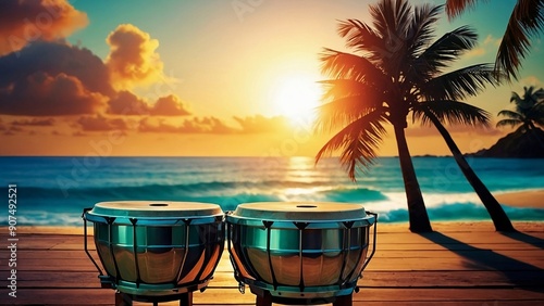 A vibrant and lively scene of steel  conga drums in tropical beach, with the sun setting in the background.World Drummer's Day concept
