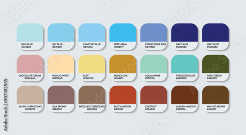 Blue and Brown Color Palette, Blue and Brown Color Guide Palette with Color Names. Catalog Samples of Blue and Brown with RGB HEX codes and Names. Metal Color Palette Vector, Fashion Trend Colors