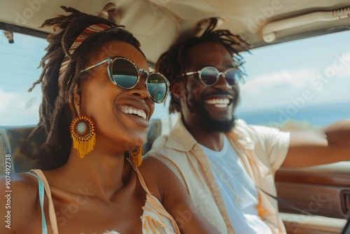 Happy multiracial man and woman going on summer vacation by car, diverse couple sitting inside their new auto, cheerfully smiling looking at road, Generative AI