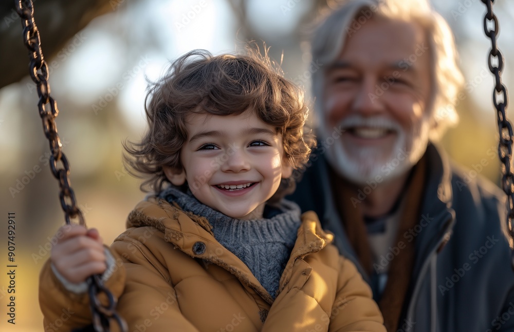 Handsome gray haired grandpa pushes his cute smiling five year old brown-haired boy on a park swing Handsome gray haired grandpa pushes his cute smiling five year old brown-haired boy on a park swing