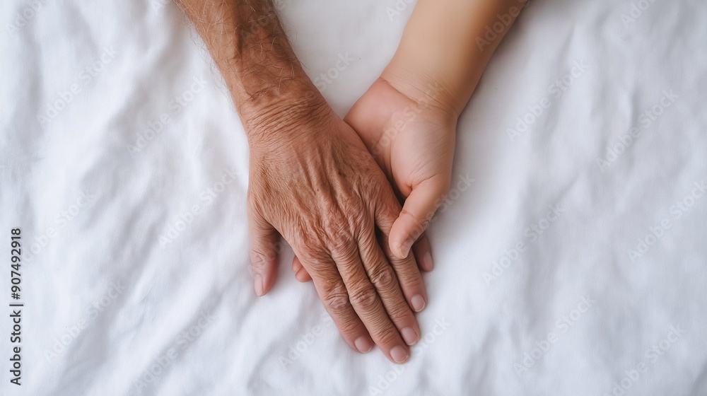 Hand in Hand: A tender image of an older hand resting upon a younger one, symbolizing the enduring bond between generations. The soft, white bedding adds a sense of warmth and comfort. Hand in Hand: A tender image of an older hand resting upon a younger one, symbolizing the enduring bond between generations. The soft, white bedding adds a sense of warmth and comfort.