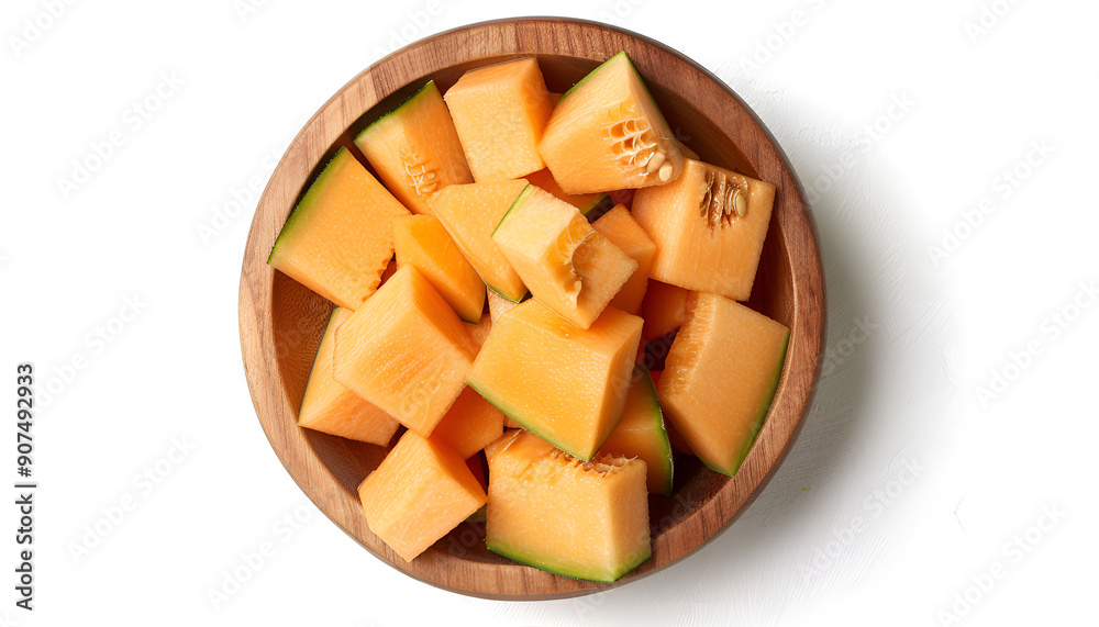 Cantaloupe melon pieces in wooden bowl isolated on white background with full depth of field. Top view. Flat lay Cantaloupe melon pieces in wooden bowl isolated on white background with full depth of field. Top view. Flat lay