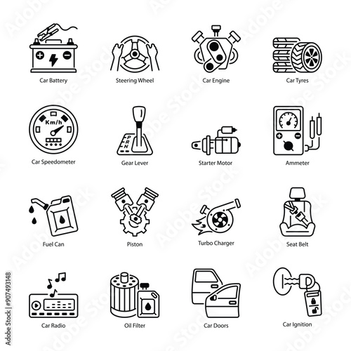 Collection of 16 Automotive Parts Linear Icons 

