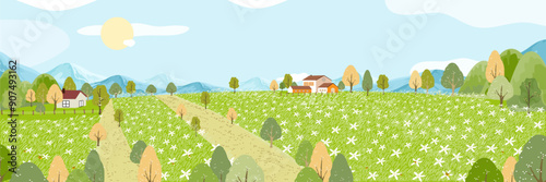 Spring Background,Cute cartoon panorama landscape blue sky,cloud,grass field and wild flowers with bee flying,Vector Summer nature in village for Easter banner