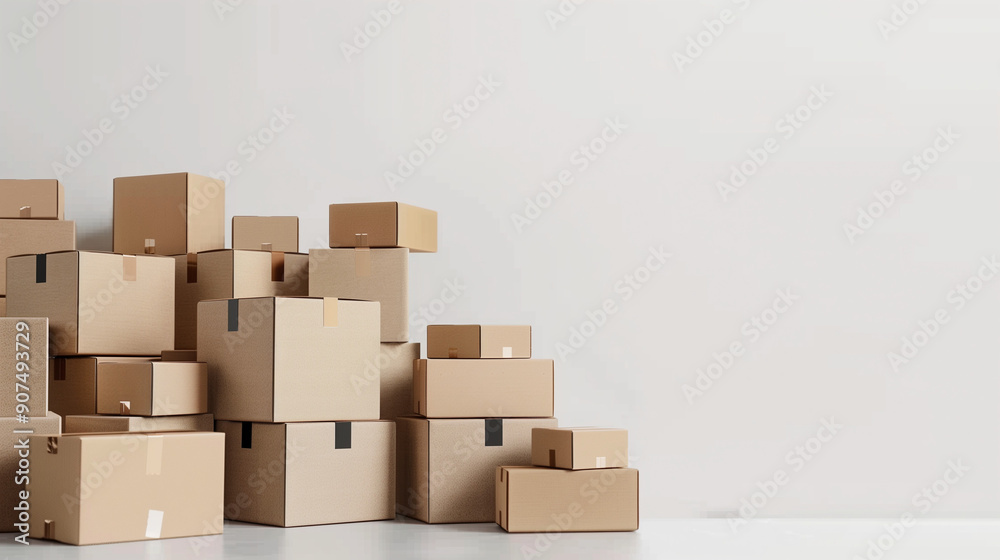 Stacked brown cardboard boxes against a white background with a banner for text, perfect for web design templates related to moving home or delivery services. Captured with a wide-angle lens to emphas Stacked brown cardboard boxes against a white background with a banner for text, perfect for web design templates related to moving home or delivery services. Captured with a wide-angle lens to emphas