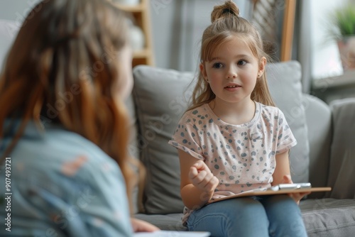 Happy child girl talking to psychologist or therapist, sitting on sofa and talking to specialist with clipboard in hands. Children's psychology and therapy, Generative AI