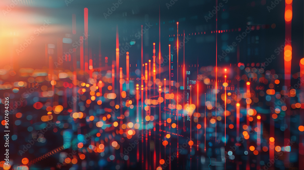 abstract blurry city skyline financial technology backdrop with abstract glowing forex candle iteration with digital leveraging economy background abstract blurry city skyline financial technology backdrop with abstract glowing forex candle iteration with digital leveraging economy background