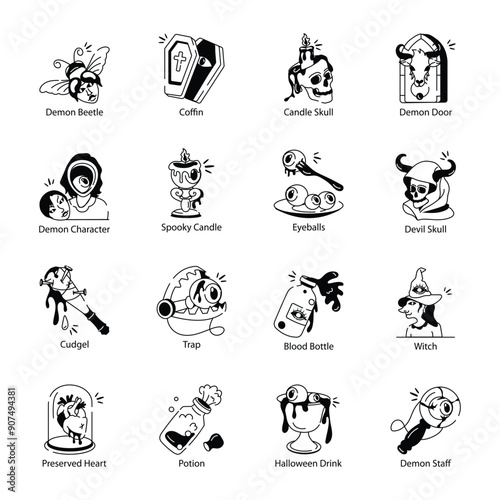 Collection of Spooky Doodle Icons 

