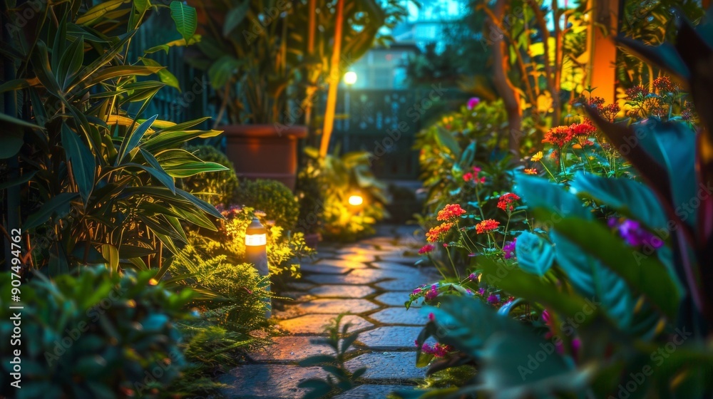Garden path in resort with warm light and trees on side at evening, Garden Decoration. Garden path in resort with warm light and trees on side at evening, Garden Decoration.