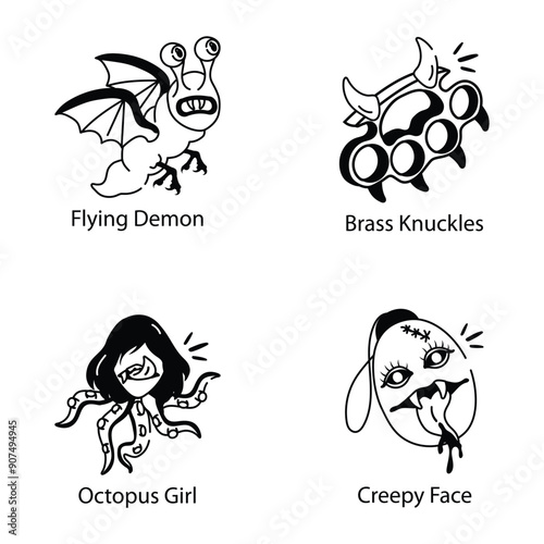 Set of Spooky Demon Doodle Icons

