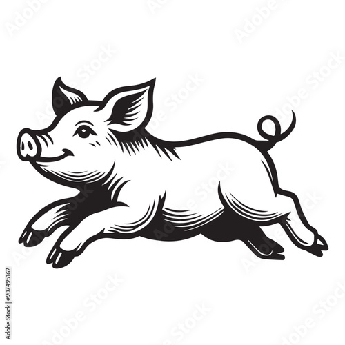 Pig Clipart, Hog Outline Logo, A pig Leaping illustration in black and white
