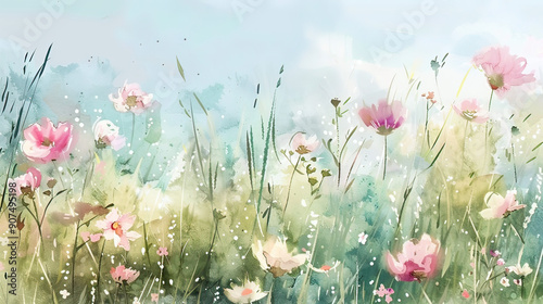 Dreamy Watercolor Meadow Soft Pastels Blend in Nature's Background AI Generative