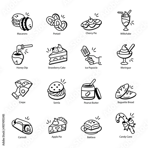Latest Bundle of Desserts Hand Drawn Icons 

