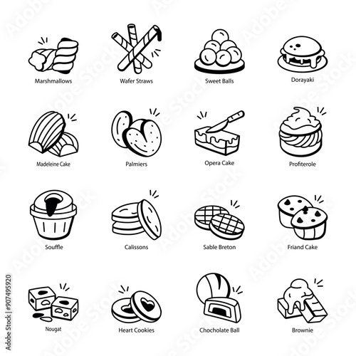 Set of Desserts and Confectionery Hand Drawn Icons 

