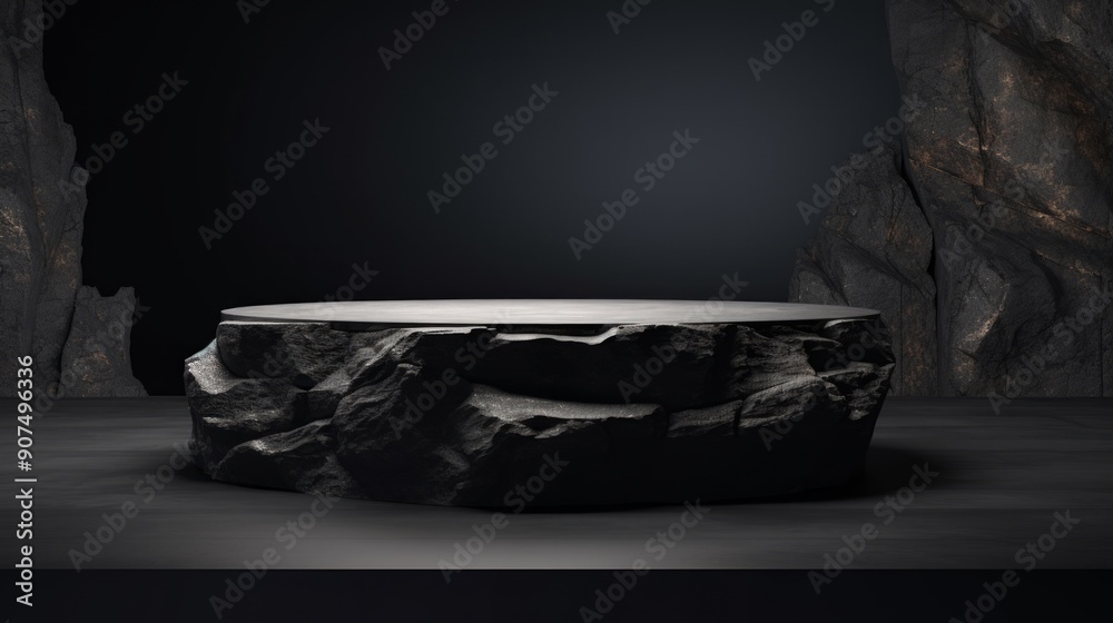 Dark grey flat marble stone podium stand for cosmetics and product display among rocks. Neural network ai generated art Dark grey flat marble stone podium stand for cosmetics and product display among rocks. Neural network ai generated art