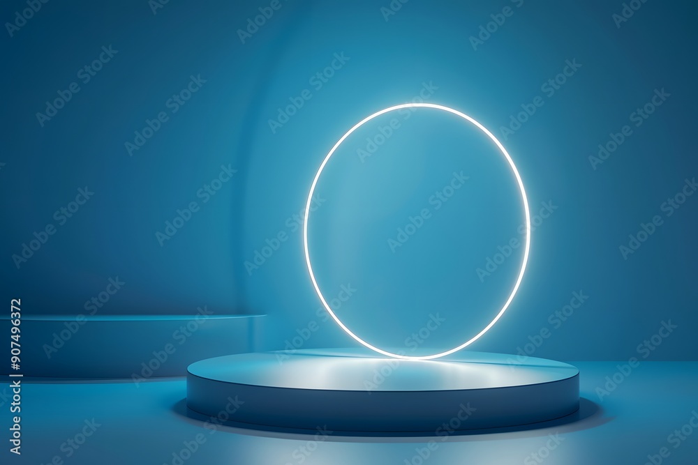 White glowing light ring around podium, abstract background for product presentation. White glowing light ring around podium, abstract background for product presentation.