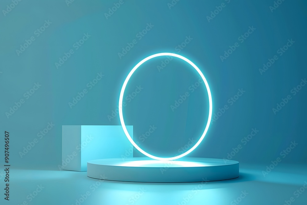 White glowing light ring around podium, abstract background for product presentation. White glowing light ring around podium, abstract background for product presentation.