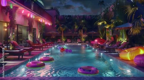 realistic photo in a huge pool with inflatable toys and a deck with sunchairs and a tropical vibe, at night