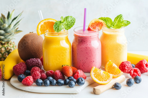 fruit smoothie and flesh fruits on white table