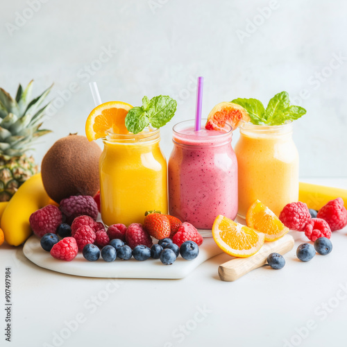 fruit smoothie and flesh fruits on white table