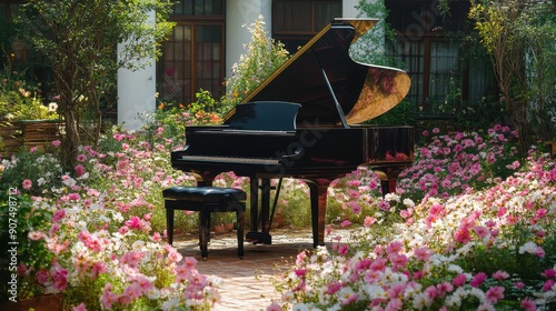 The Grand Black piano with blue sky in pink cosmos flowers garden,player keyboard musician artist concert poster concept. photo