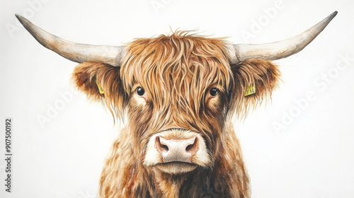 Adorable highland cow portrait painted with watercolours.