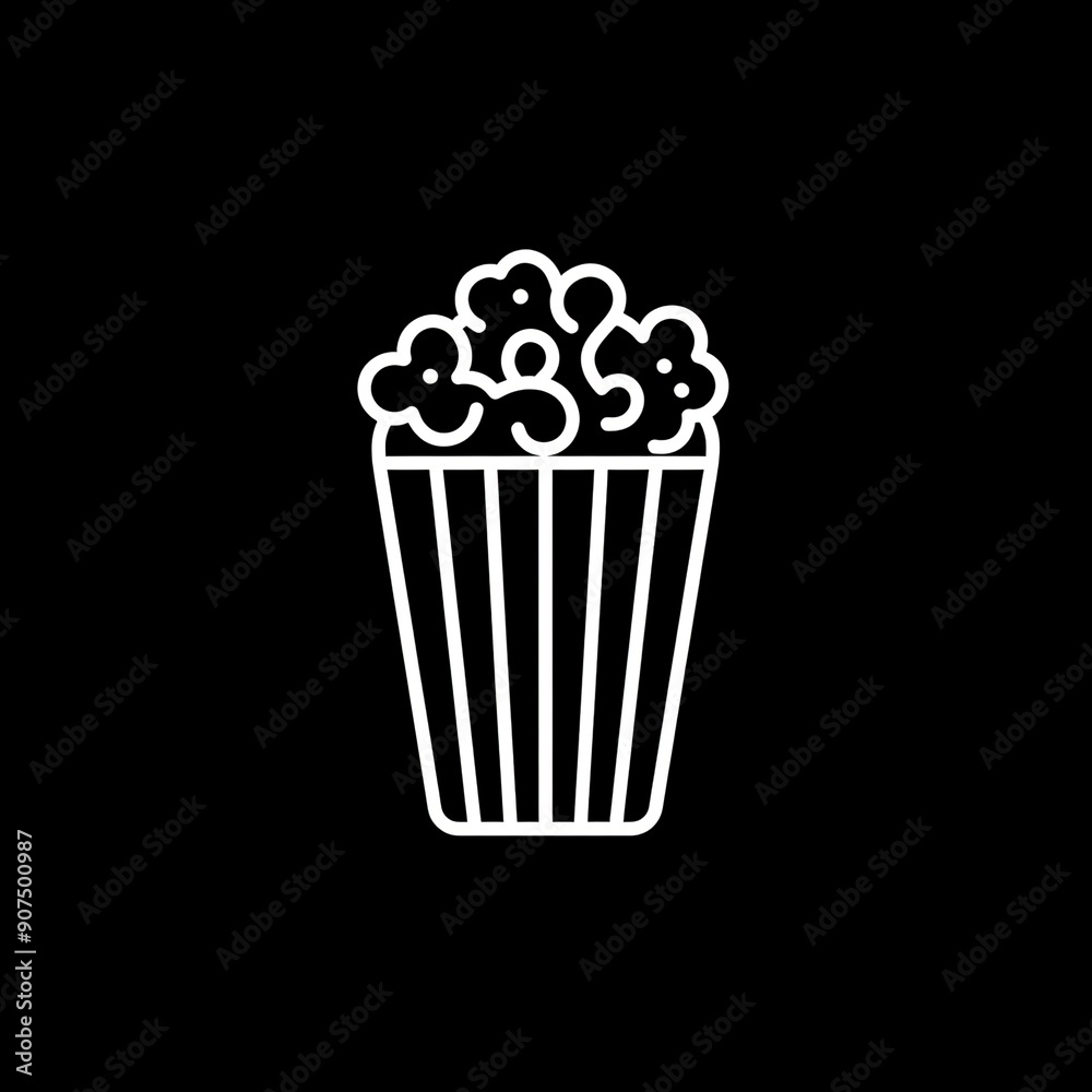 Popcorn Symbol, Eine Tüte mit Popcorn - Logo weiß auf schwarzem Hintergrund Popcorn Symbol, Eine Tüte mit Popcorn - Logo weiß auf schwarzem Hintergrund