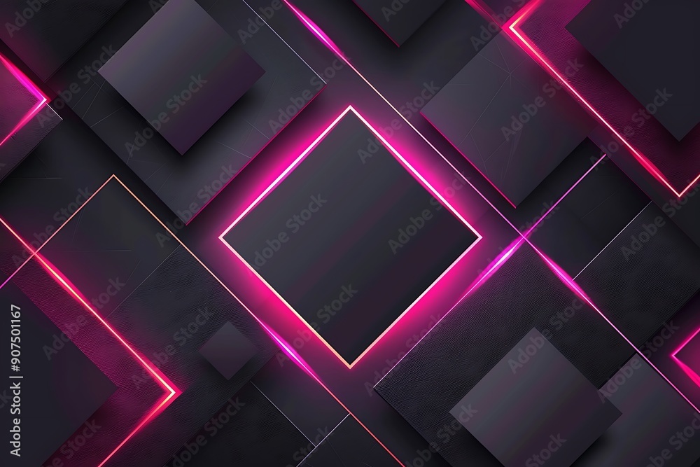 Abstract background with black squares and a pink neon frame on a dark grey, Abstract background with black squares and a pink neon frame on a dark grey,