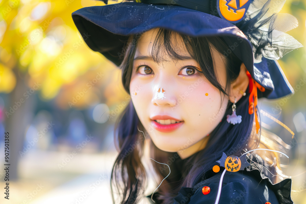 ハロウィンの仮装をするアジア人の可愛い女性 ハロウィンの仮装をするアジア人の可愛い女性