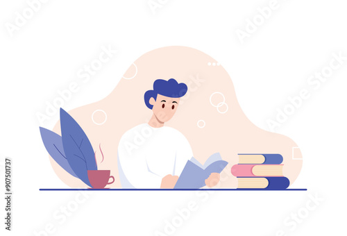 A man in a white shirt is reading a book with a cup of coffee and a stack of books on the table. simple flat design, flat illustration, EPS 10.