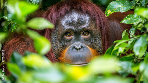 An Orangutan is a large ape found in the forests of Indonesia and Malaysia. photo